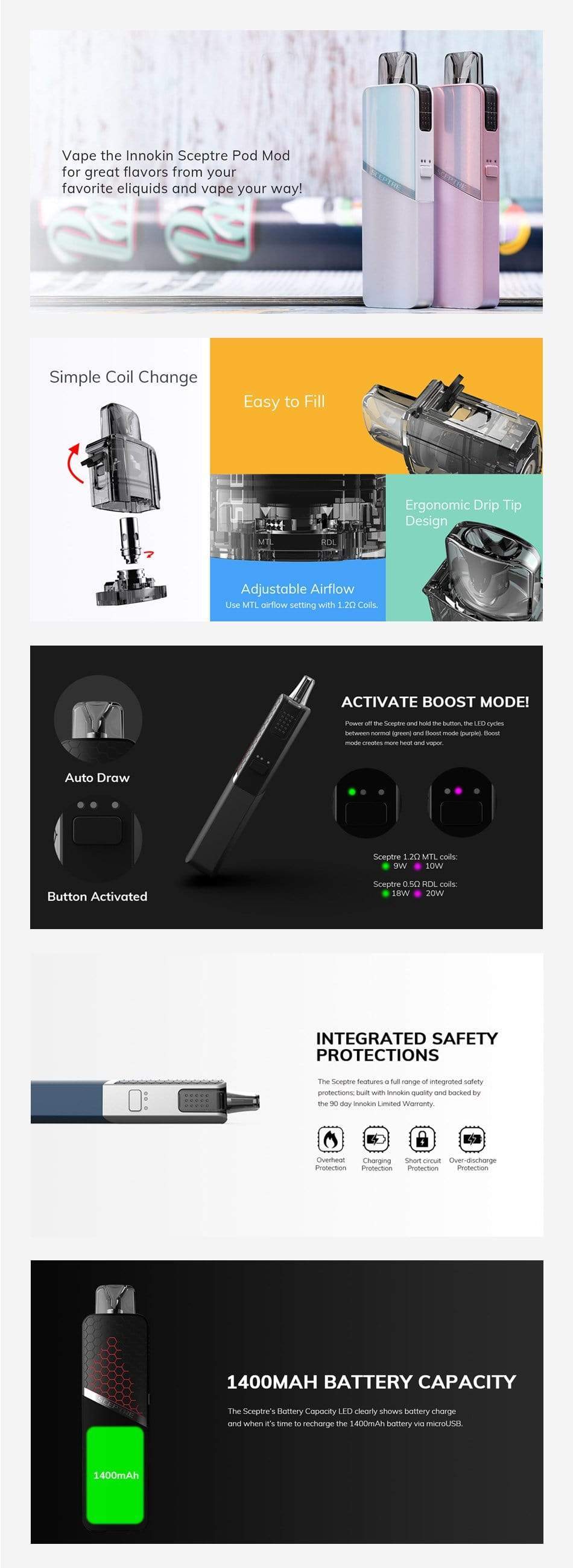 Innokin Sceptre MTL/RDL Pod Mod Kit 1400mAh  The Vape Life